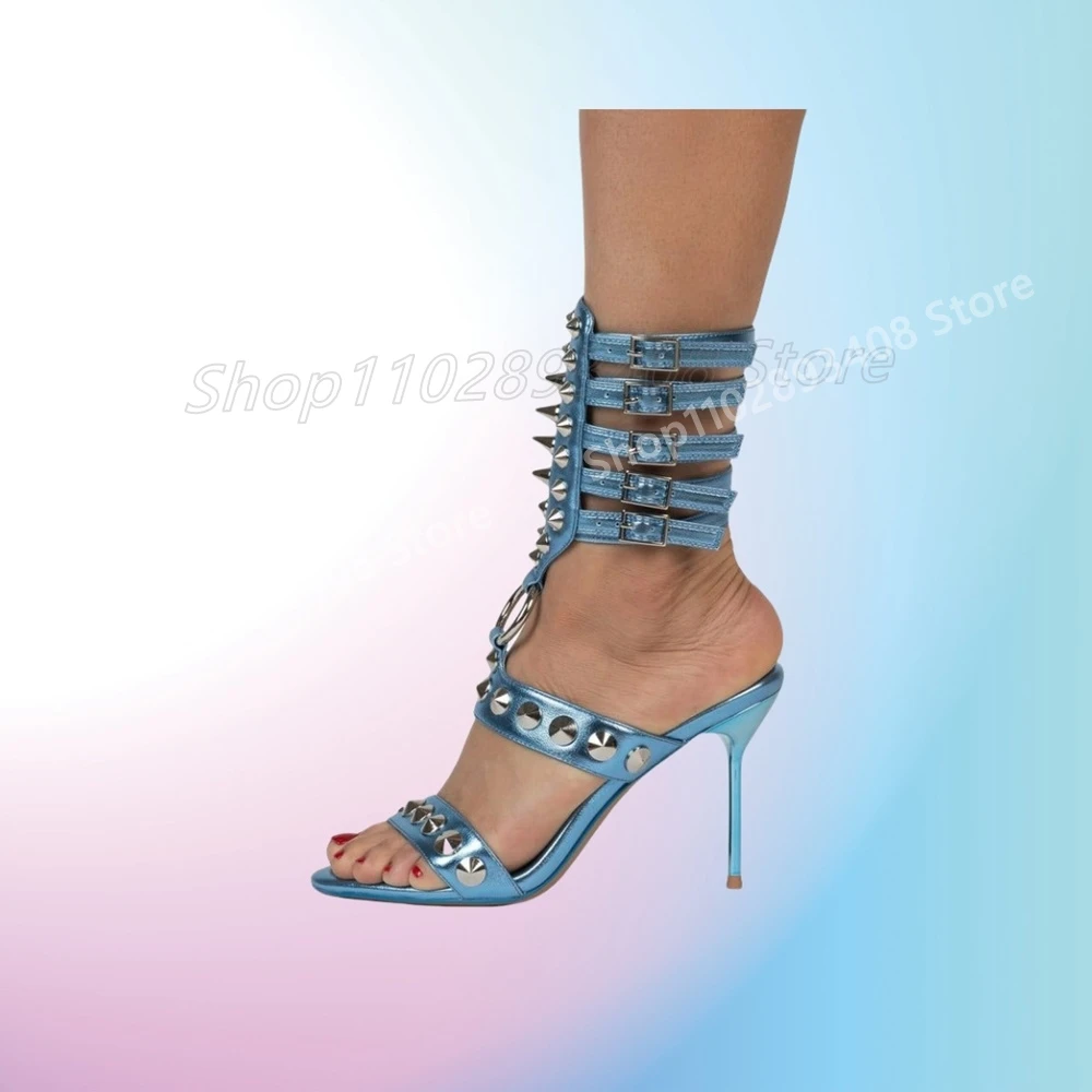 

Solid Round Rivets Decor Buckle Belts Sandals Hollow Round Ring Stiletto High Heel Fashion Sexy Hot Women Shoes 2025 Para Mujere