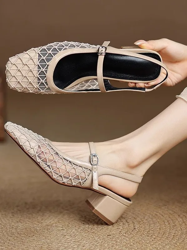 

Women's Hollow out Me Sandals mid Heel Summer New Sle Square Head Dr oes Thi Heel Slip-On Breathable Faion Sandals