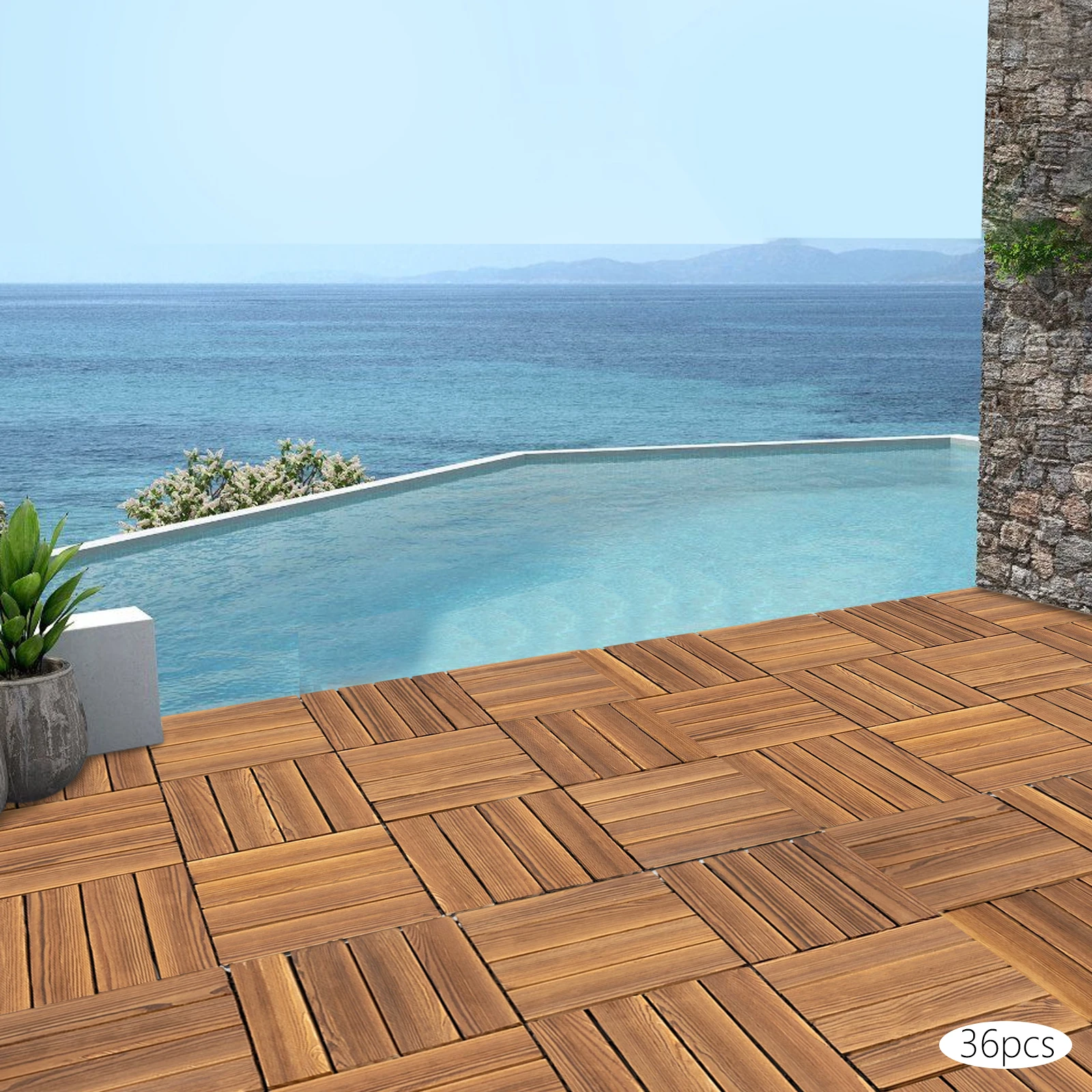 

36 Pack 30.3x30.3cm Larch Solid Wood Interlocking Deck Tiles High Temperature Carbonized Waterproof Anti-slip Patio Floor Tiles DIY No Glue Nail Installation PE Back Drainage Design for Outdoor Balcony Garden Indoor Bathroom Sauna Flooring Decor