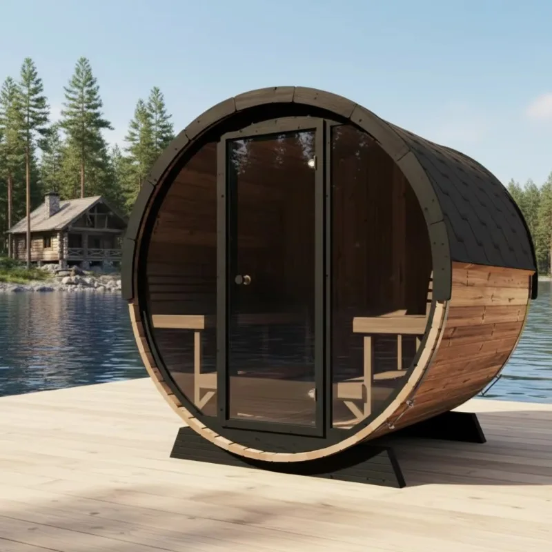 Custom Outdoor 2-4 Person Solid Wood Barrel Sauna, Panoramic Glass Window Traditional Steam Sauna Room with Wood Burning Stove