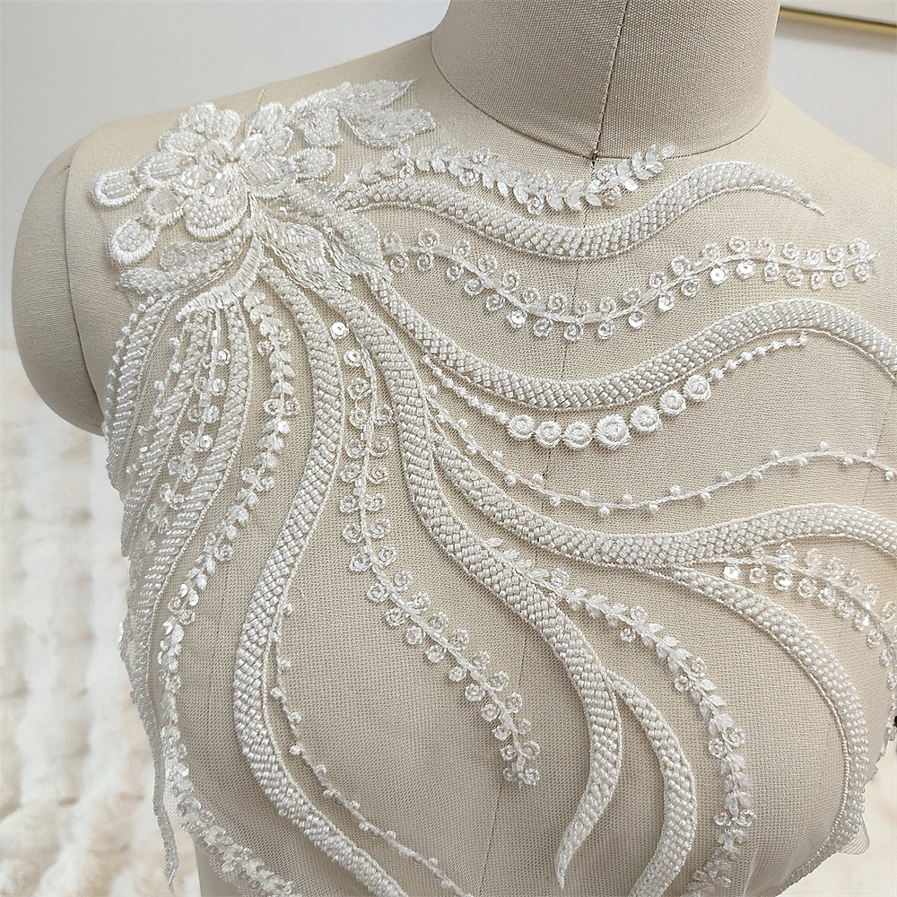 Vestido de noite marfim com strass, material de enfeite superior, acessórios de cristal frisado, perfil, tecido de casamento aplicado