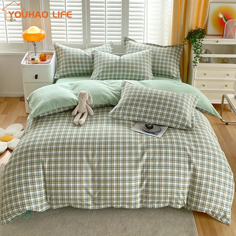 

Green Plaid Bedding Set, Luxury Bed Sheets Set, Bedding Set with Sheets, Pillowcases, All Season, 4Pcs