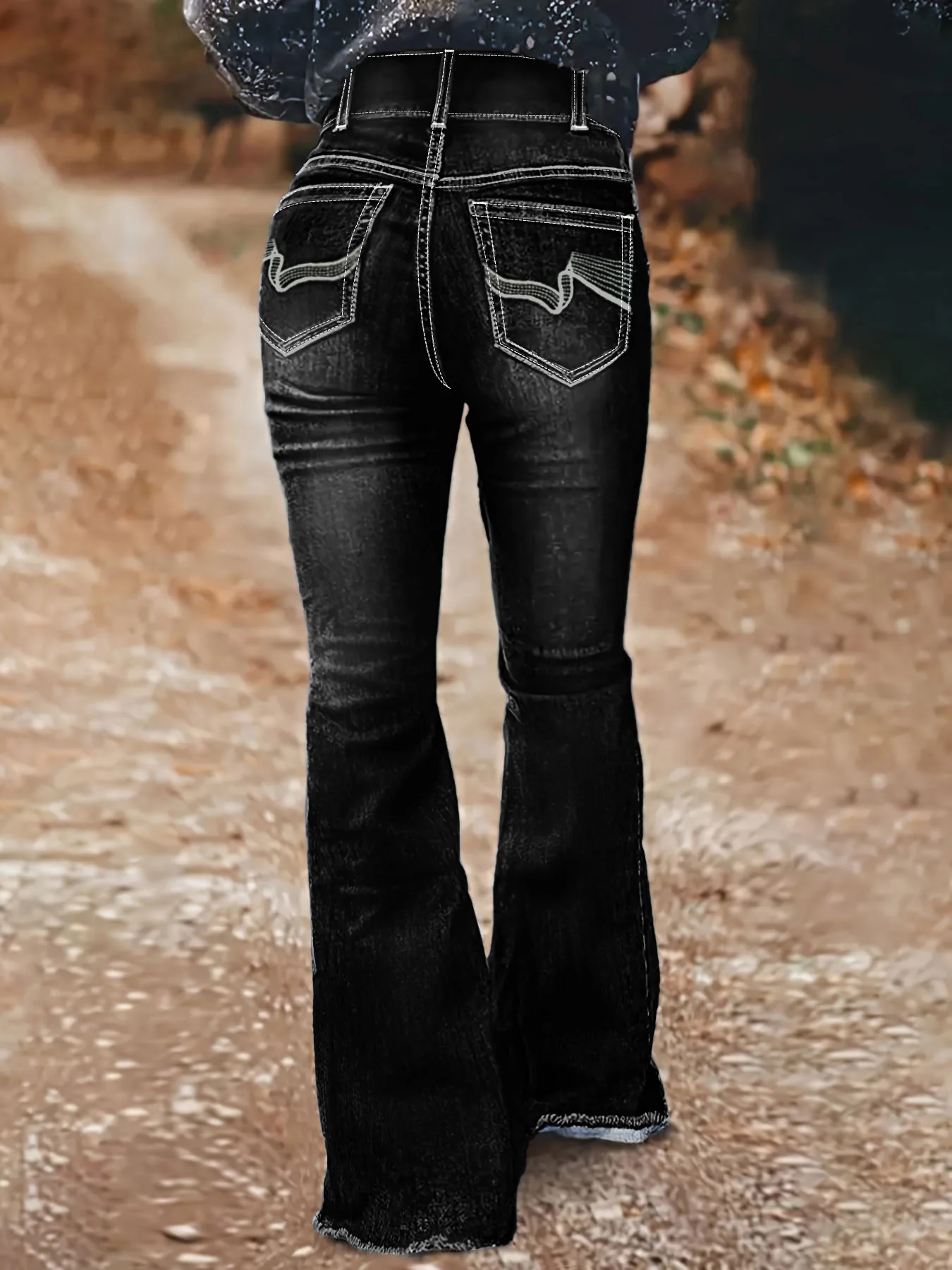 بالإضافة إلى حجم المرأة المطرزة جيب متوهج الجينز عالية الخصر سليم صالح السراويل تصميم شريط أسود عصري