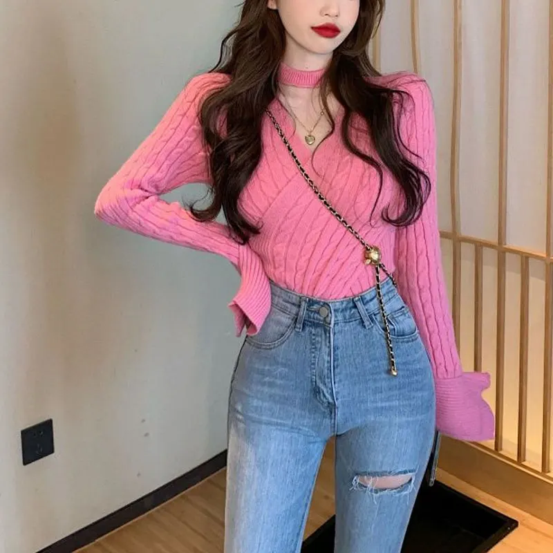 Halter V-Neck Knitted Pullovers Spring Autumn Slim Long Sleeve Women's Clothing Stylish Cross Strap Basic Solid Color T-shirt