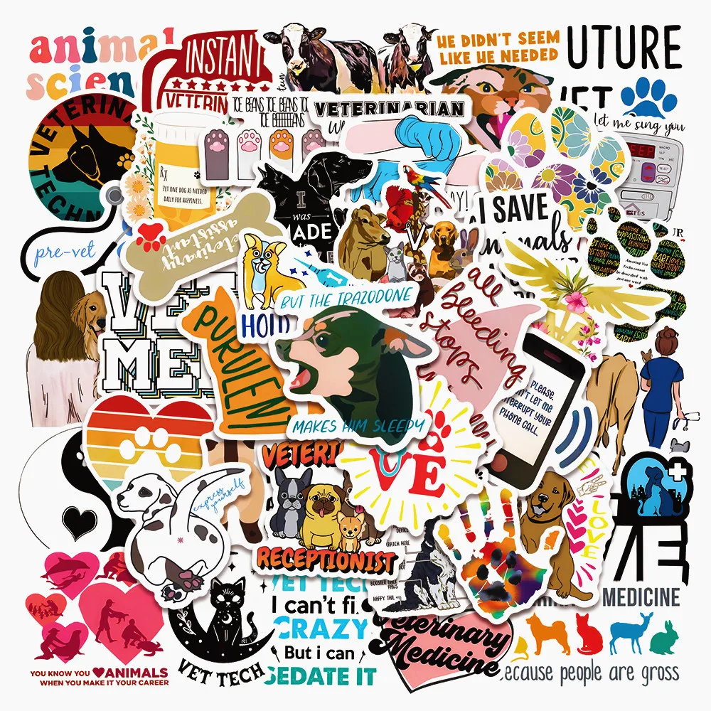 50 Stück Cartoon Tierarzt-Aufkleber Graffiti-Sticker Kinder-Spielzeug DIY Laptop Handy Notizbuch Wandschutz Rette die Tiere Aufkleber