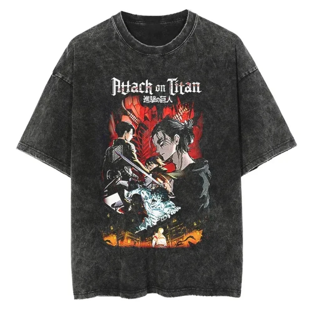 Camiseta Lavada de Ataque a los Titanes para Hombre y Mujer, Eren Yeager, Armin Arlert, Camiseta de Anime de Verano y Primavera, Retro, Desgastada, de Manga Corta