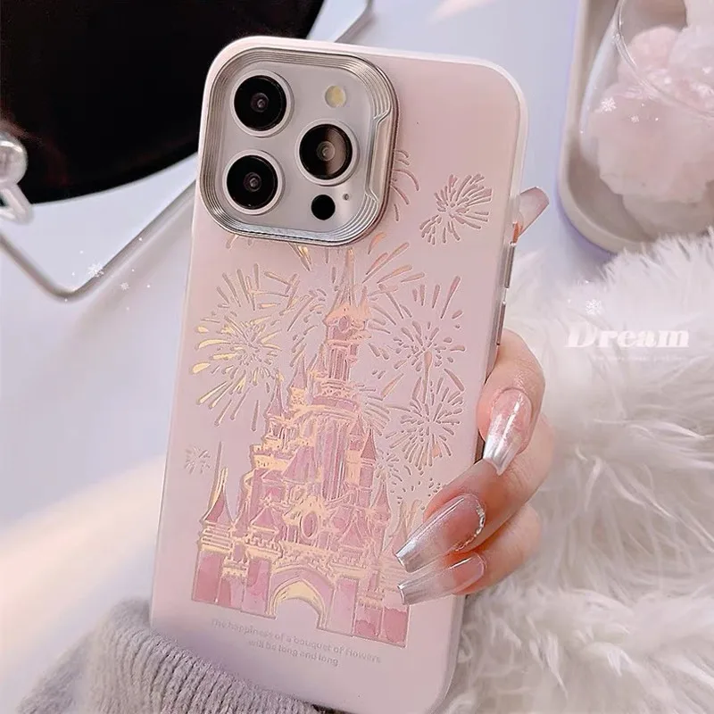 Happy New Year Castle Fireworks Pink Women Girl Laser Relif 3D Shockproof Phone Case for iPhone 12 13 Pro Max 14 15 11 Pro Max