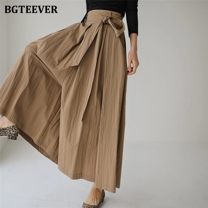 BGTEEVER Spring Loose Pockets Women Wide Leg Trousers Stylish Elastic  Waist Lace-up Women Pants