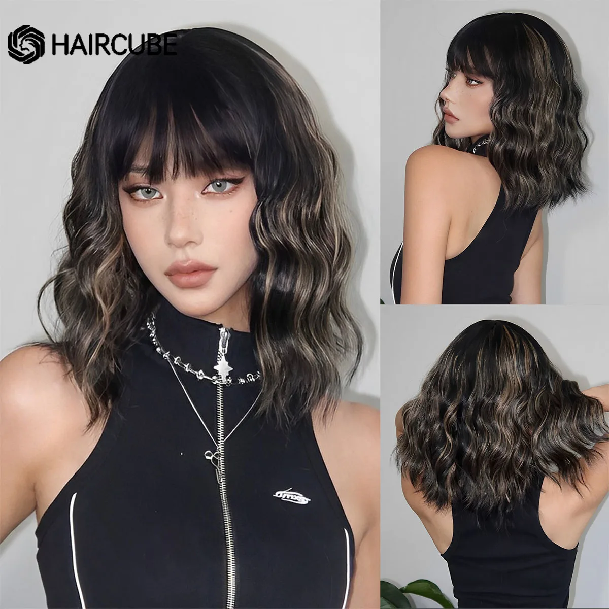 

HAIRCUBE Короткие черно-коричневые волнистые парики для чернокожих женщин Парики с челкой Модные натуральные рождественские вечерние высокотемпературное волокно