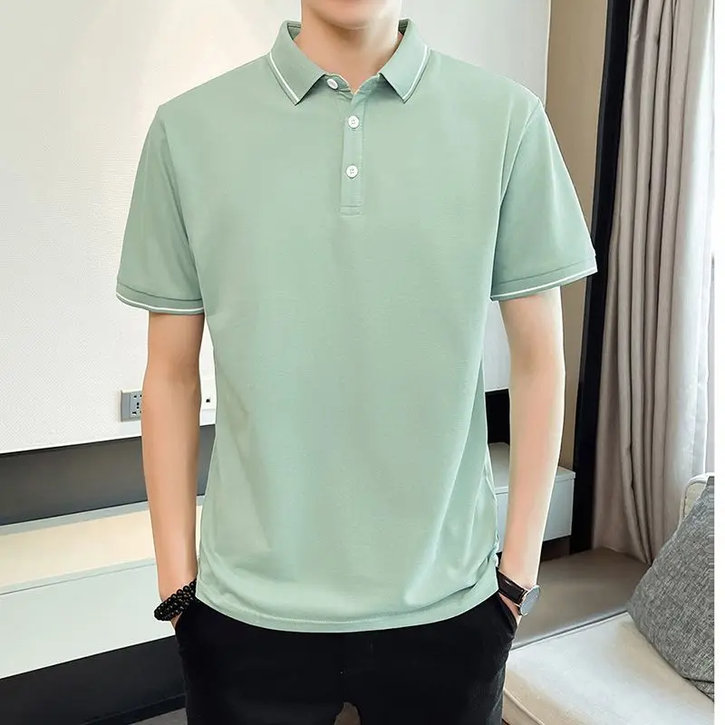 

Summer Men's Solid Color Polo Shirt Short Sleeve Contrast Piping Turn Down Collar Button Placket Casual Golf Top
