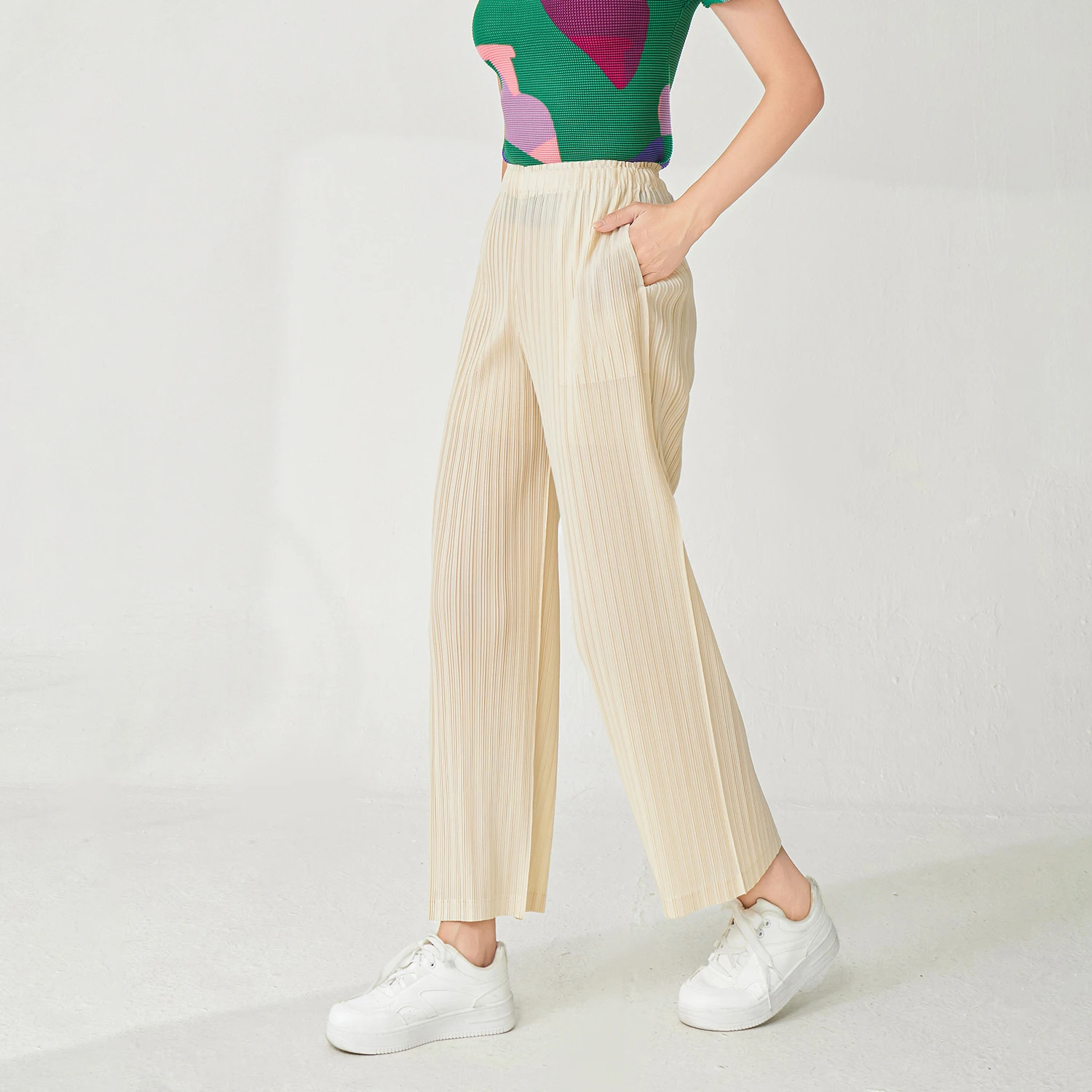 Miyake Women's High-Waist Pleated Wide-Leg Straight Pants Casual Style With Loose Fit Breathable for Spring and Summer