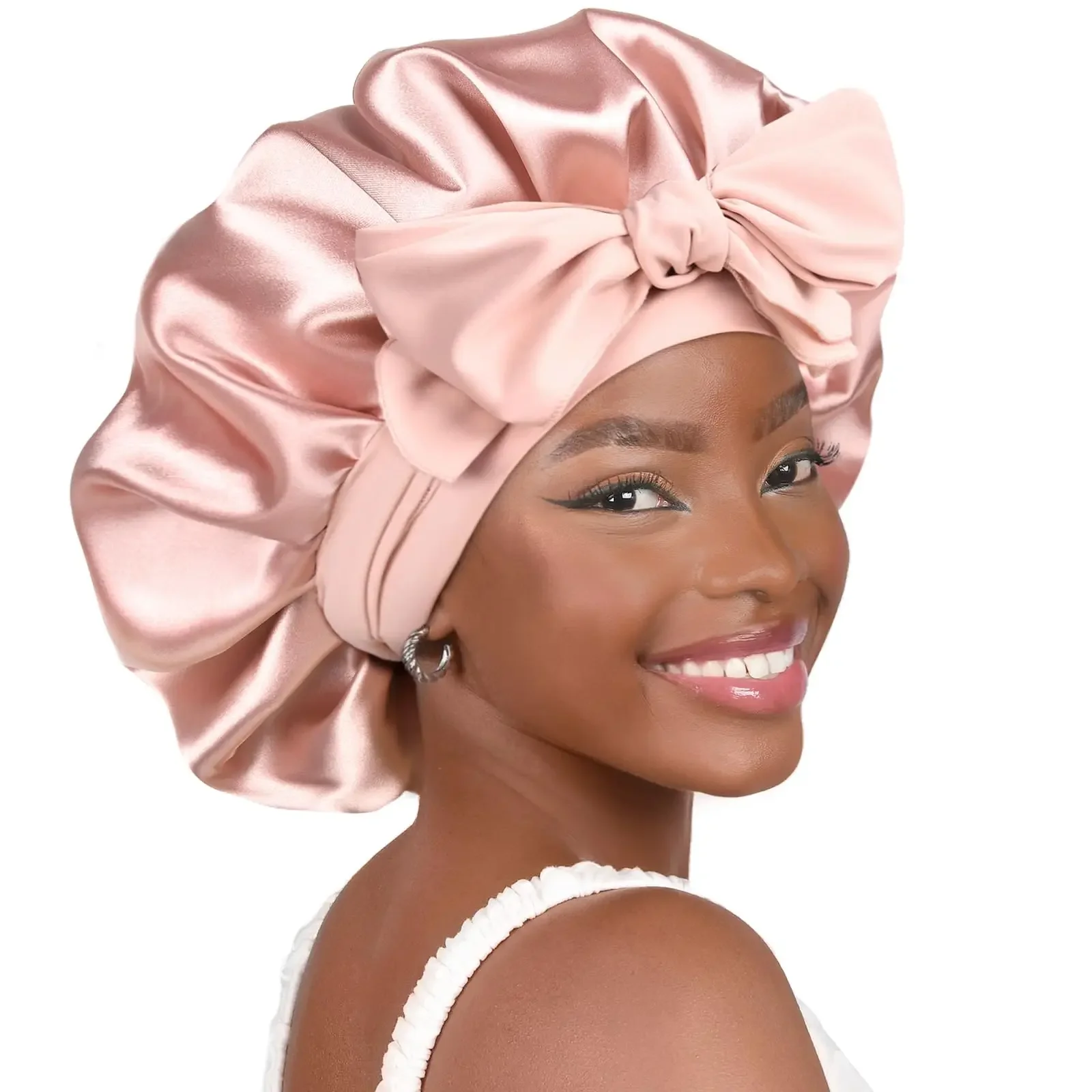 

Blush Pink Layers Silk Satin Bonnet Sleeping Cap Shower Edge Wrap Cover Nightcap For Women Long Hair