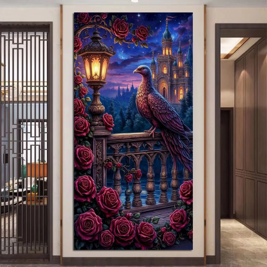 

Fullcang Red Rose Flowers Bird Large Size Diy Diamond Painting Kits Animals Full Square Round Drill Mosaic Embroidery Picture