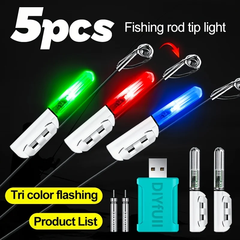 Luz de pesca con alarma, 5 unidades, luz inteligente intermitente que cambia de color, luz que cambia de color al detectar la picada del pez, alarma de corte para caña de pescar marina.
