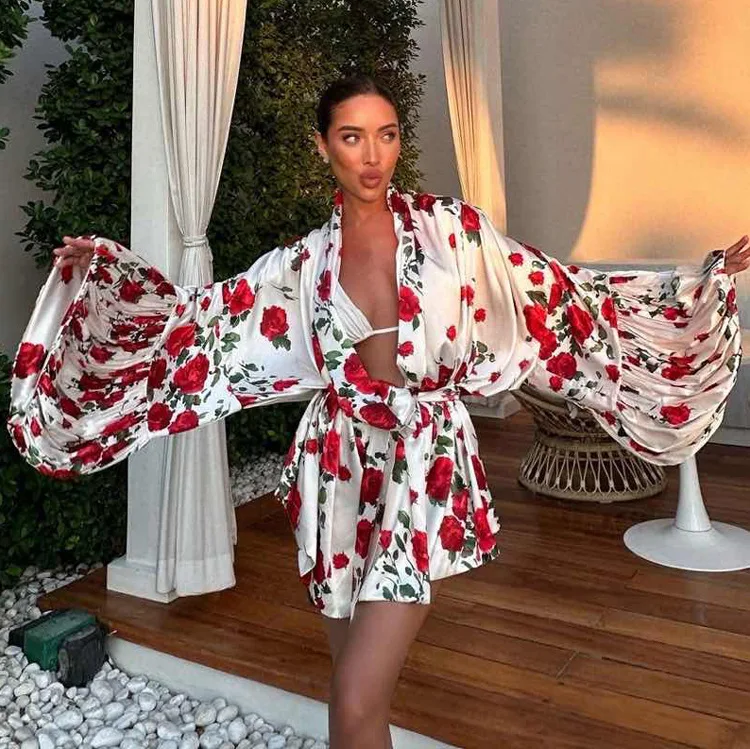

Jastie Floral Print Patchwork Loose Mini Dress Women's Long Sleeve Contrast Fashion Sexy Lace-Up Dress Female V-Neck Party Dress