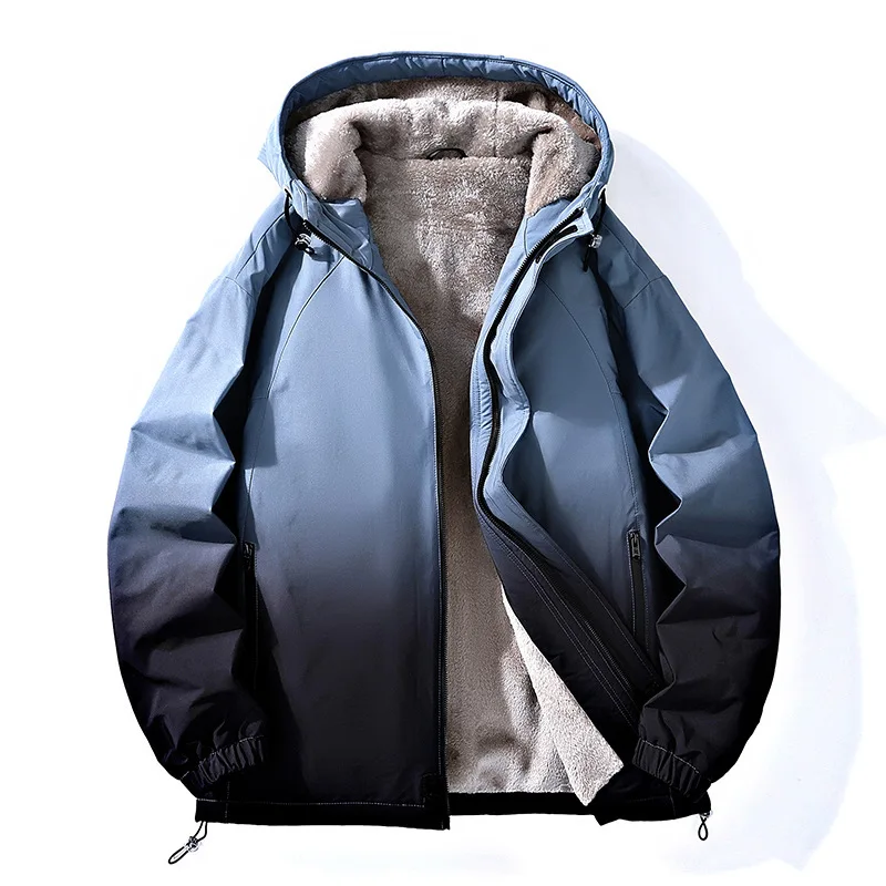 2025 Winter Man Plush Jacket Fashion Fleece Gradient Color Male Hooded Coat Long Sleeve Waterprood Outdoor Sport Men Coat