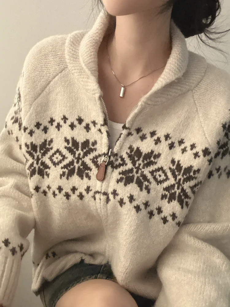 

Chic Autumn Winter Loose Women's Knitted Sweater Long Sve Color Blo Design Floral Patterned Outerwear Faionable Versatile