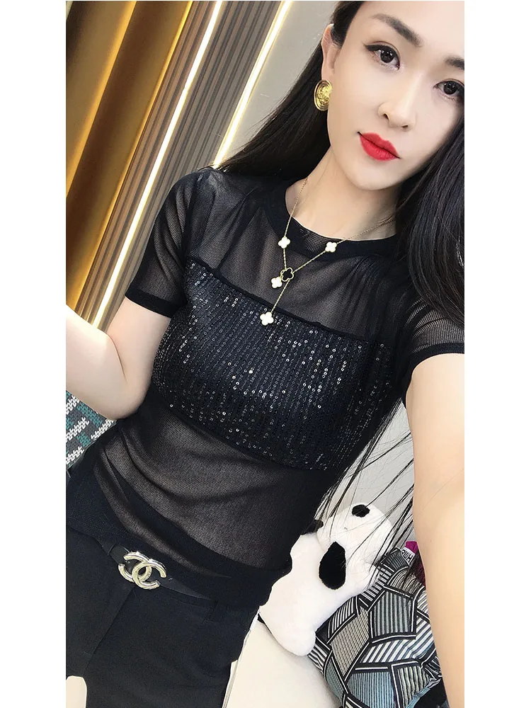 

Футболка iny Sequin Me ort Sve Женская летняя дизайнерская футболка с разрезом Slim Fit Trendy f Sve Ele irt Street Sle...