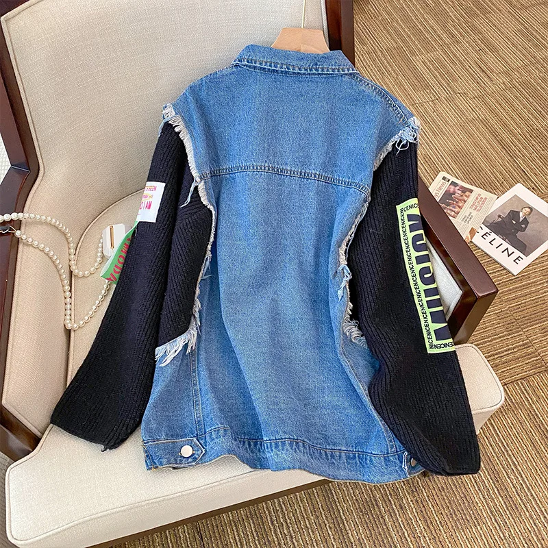 2024 Autumn Winter Cardigan Women Knitted Sweater Jacket Denim Spliced Fashion Letter Loose Knit Coat Casual Sweaters Female