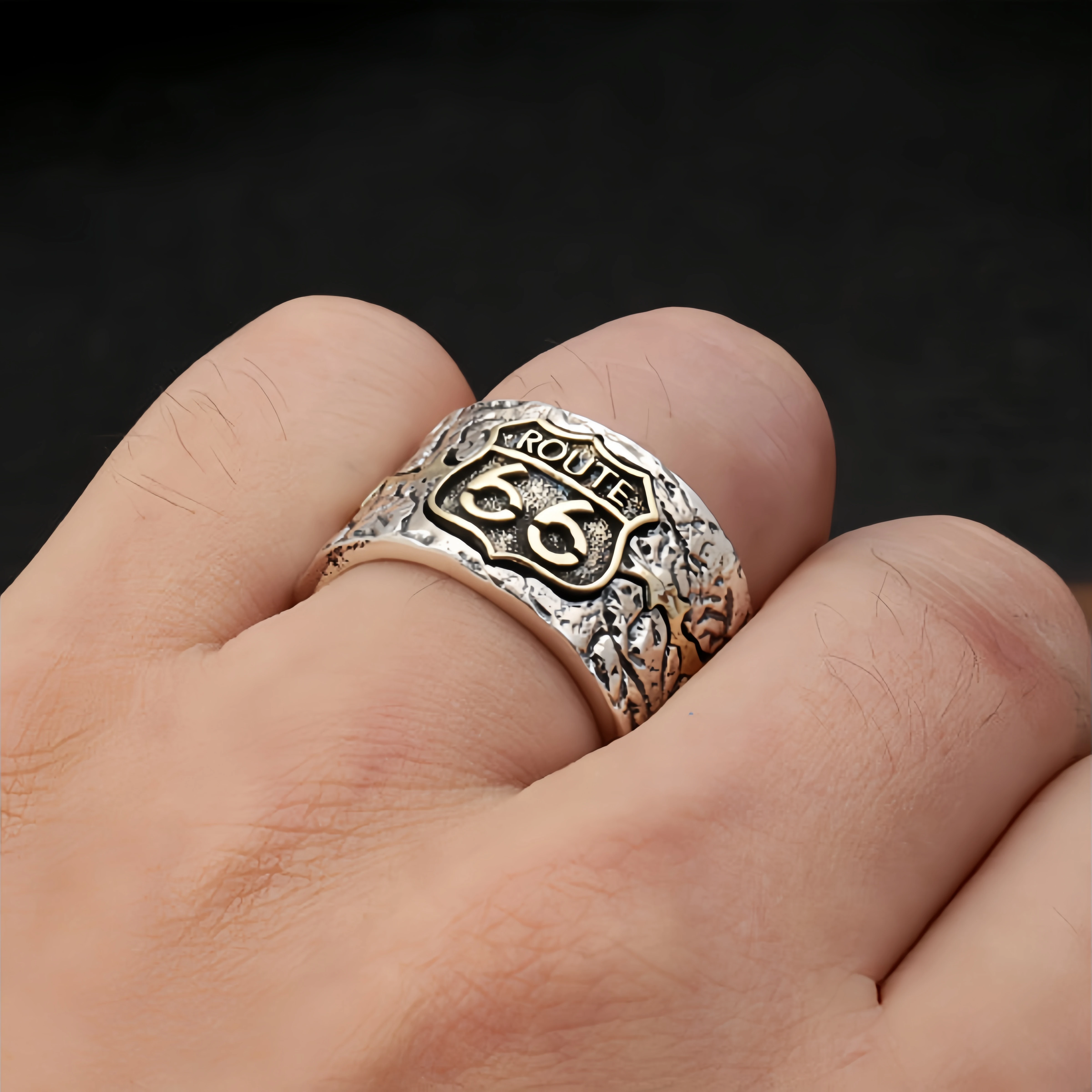 Retro Route 66 Adjustable Open Ring For Men Silver-plated Copper Punk Gothic Rock Edgy Jewelry Bikers Accessories Gift for Him