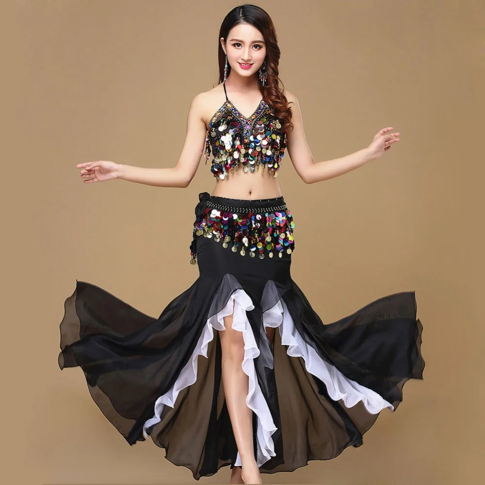 

10 Colors Belly Dance Skirt Costume Women Uniform Coins Tops for Slim Gilrs Bellydance Sequins Beaded Outfits Bra Belt Skirt