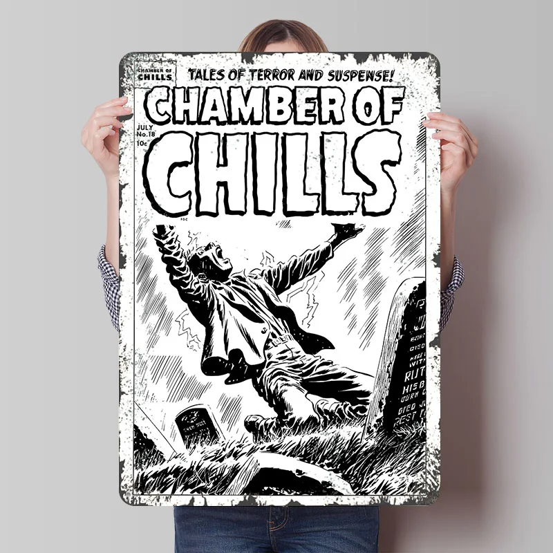 CHAMBER OF CHILLS 18 WHITE Poster Customized Wall Art Vintage Metal Signs Retro Tin Plaque for Man Cave Bathroom Decor Wand Deko