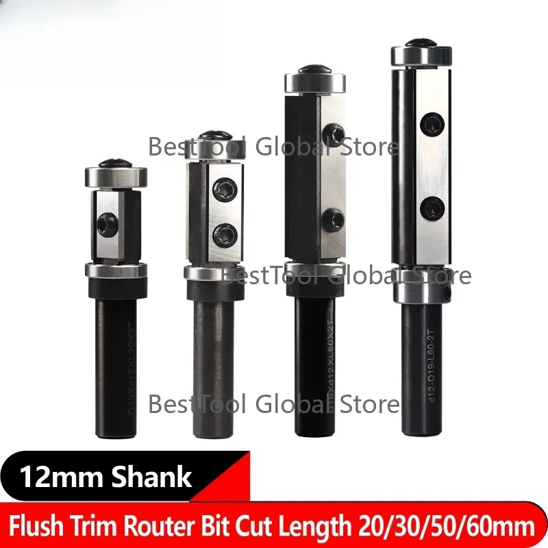 12mm Shank Flush Trim Router Bit Pattern Template Double Bearings  Router Bit Planer Bit Cut Lenth 20/30/50/60mm 2 Inserts