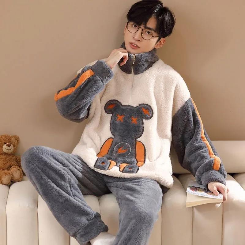 2024 New Coral Velvet Men's Winter Pajamas Plush and Thickened Sleepwear Cartoon Flannel Zipper Loungewear Set Warm Homewear