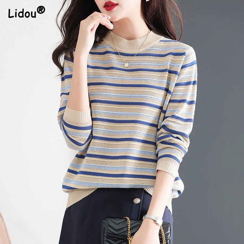 Vintage Loose-fitting Pullovers 2022 Korean New Popularity Spring Autumn O-Neck Striped All-match Leisure Women\'s Clothing Trend