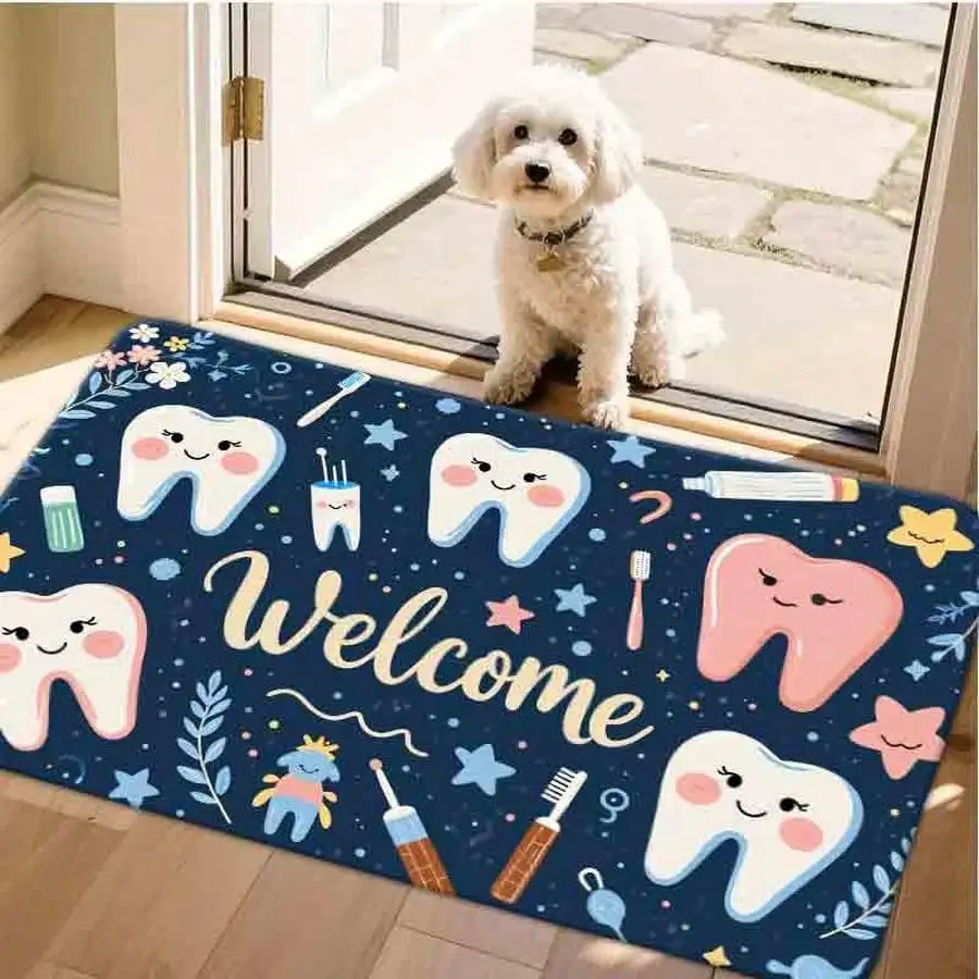 1pc Flannel Floor MatWhimsical Dental Art Welcome Doormat Cute Tooth Themed Bathroom Rug Floor MatNon-Slip, Machine Washable, Soft Area Rug For Home Living Room