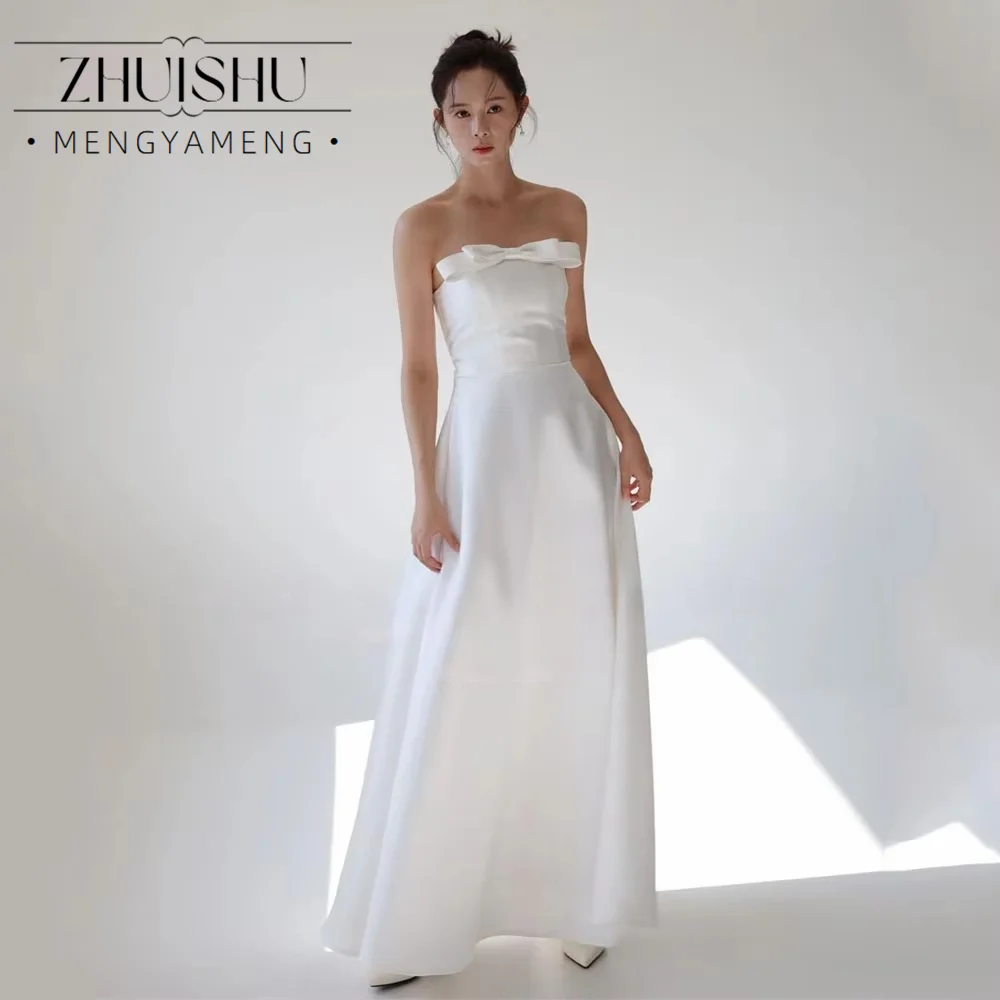 ZHUISHU Elegant Strapless Bow Wedding Dress Sleeveless Knee Long Satin Bridal Photo Shoot Korean Style Bridal Gown Customized