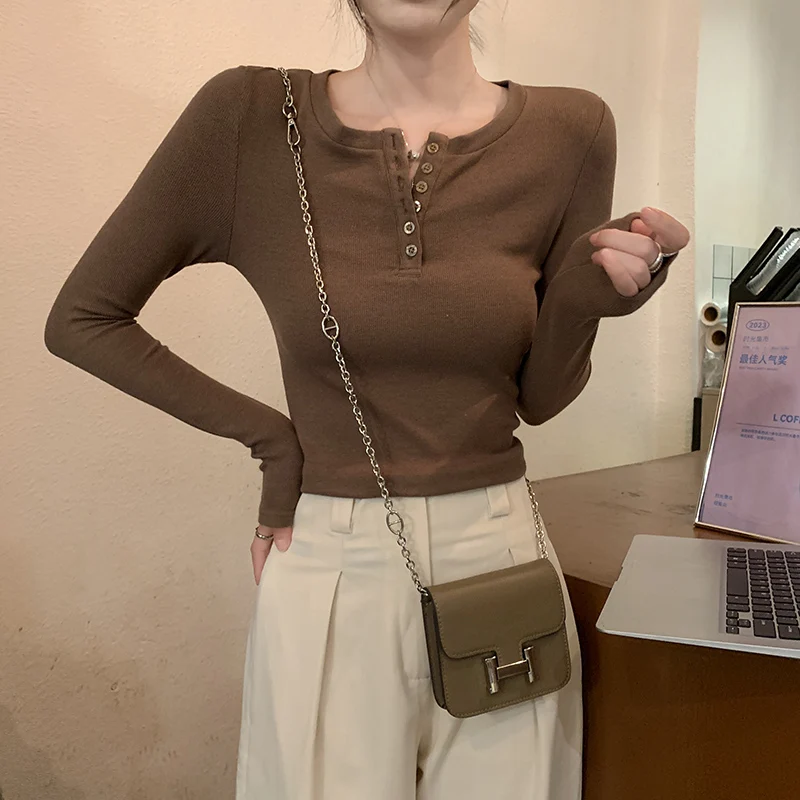 T-shirts met lange mouwen Katoen Dames Lente Gelaagde plooi Overzicht Ronde hals Ruche Student Uniform Delicaat Veelzijdig Vrouwelijk OL