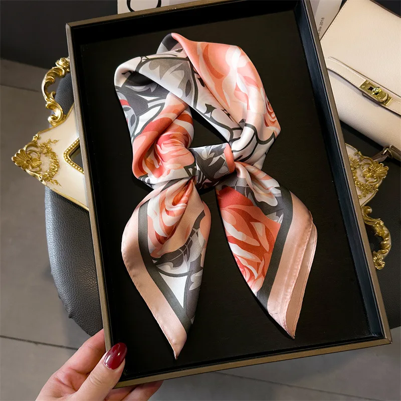 Women Fashion Design Business Wear Decoration Rose Flower Printed 70cm Outside Small Handkerchief Imitated Silk Square Scarf