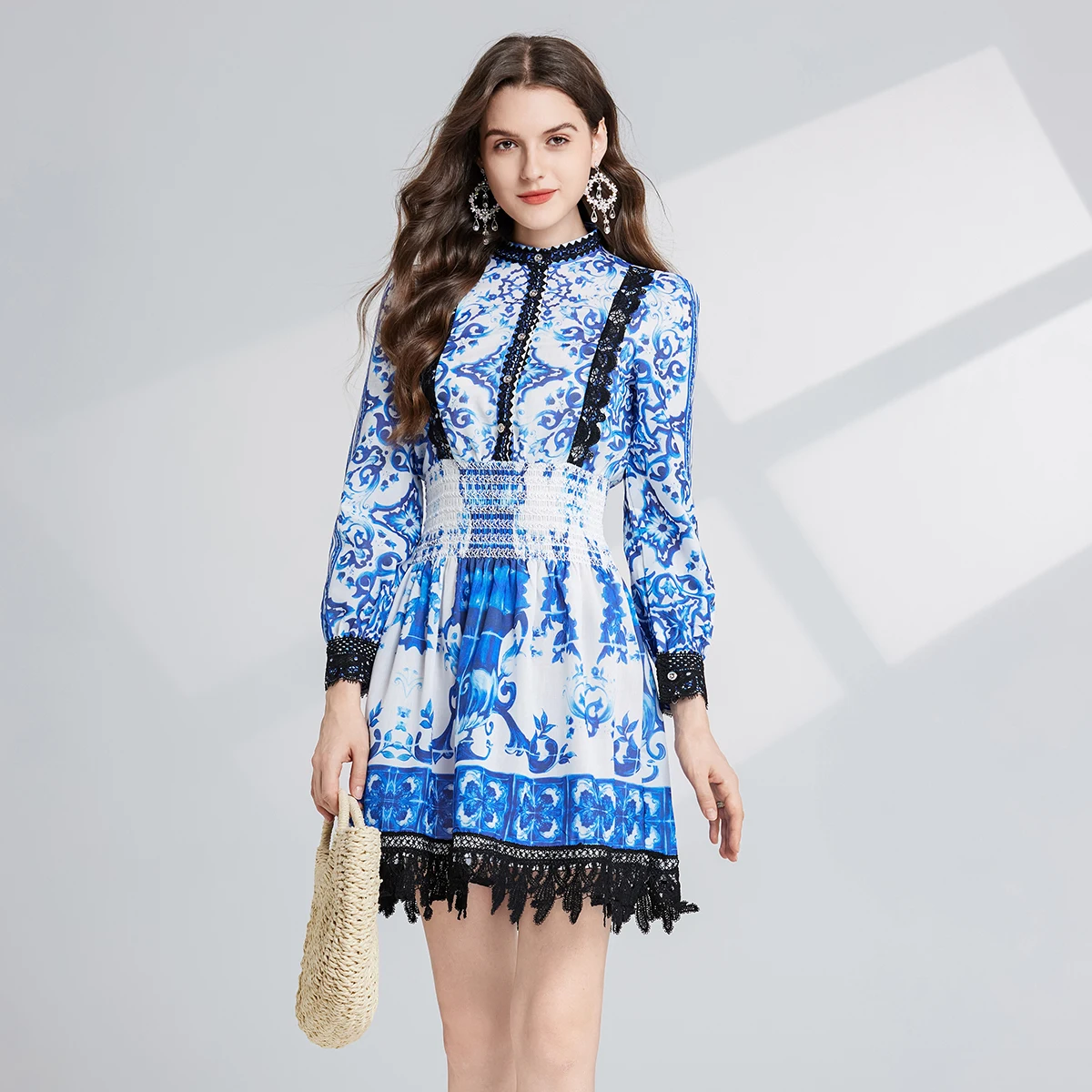 

Holiday Embroidery Hollow Out Lace Splicing Mini Dress Women's Stand Lantern Sleeve Blue And White Porcelain Print Party Vestido