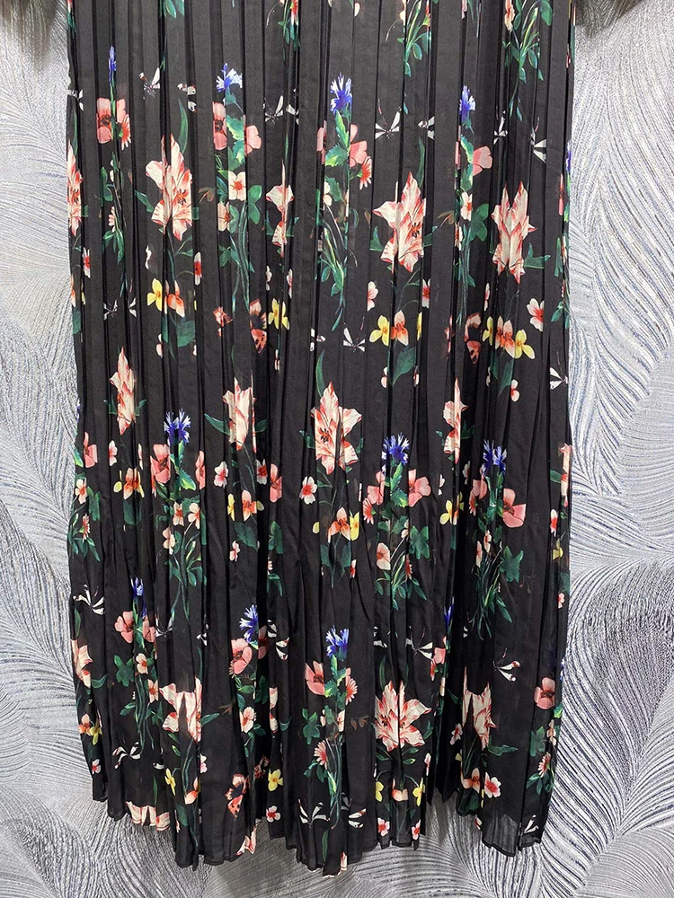 DLDENGHAN Autumn Long Dress Women\'s O-Neck Lantern Sleeve Bow Floral Print Vintage Pleated Dresses Fashion Designer New