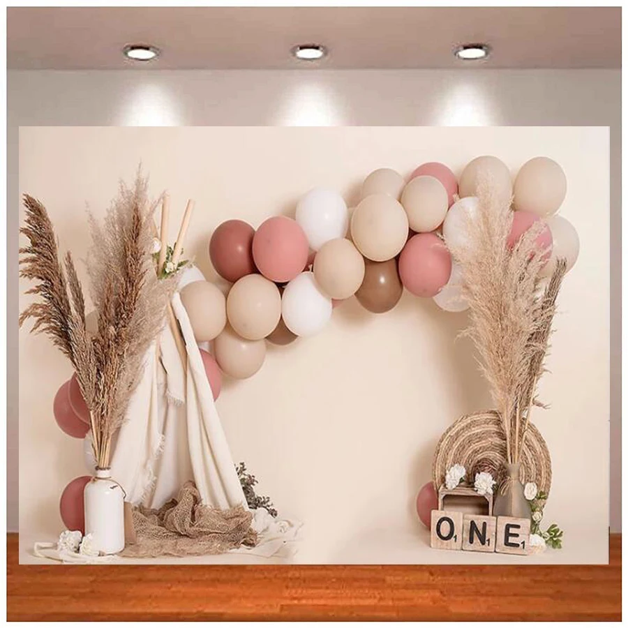 

Photography Backdrop Bohemian Pink Girl Balloon Style 1st Birthday Party Baby Shower Cake Smash Background Banner Photo Studio