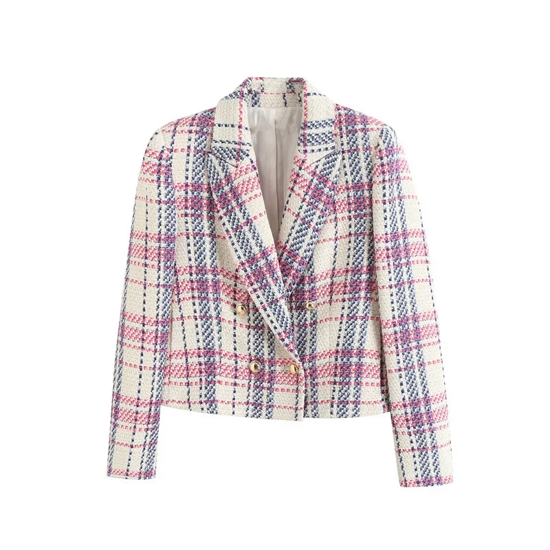 Chaqueta de lana de Tweed, traje ultracorto, abrigo para mujer, primavera Otoño, Blazers a cuadros de cintura alta, Tops informales ajustados