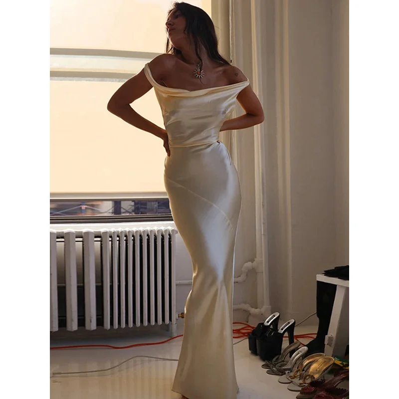 Bonny cinta de espaguete sexy sem costas cetim deslizamento maxi vestido para mulheres roupas de moda sem mangas vestidos longos roupas