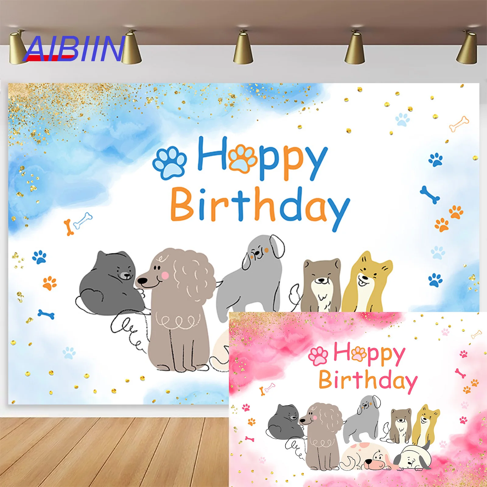 

AIBIIN Birthday Party Backdrop for Boy or Girl Cute Dogs and Footprint Party Decor Blue Pink Photography Background Cake Banner