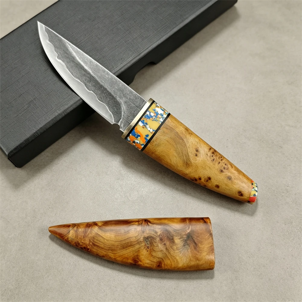 White Shadow Wood Handle Fixed Blade Knife, Composite Steel Blade Outdoor Camping Hiking Hunting Survival EDC Cutting Tool