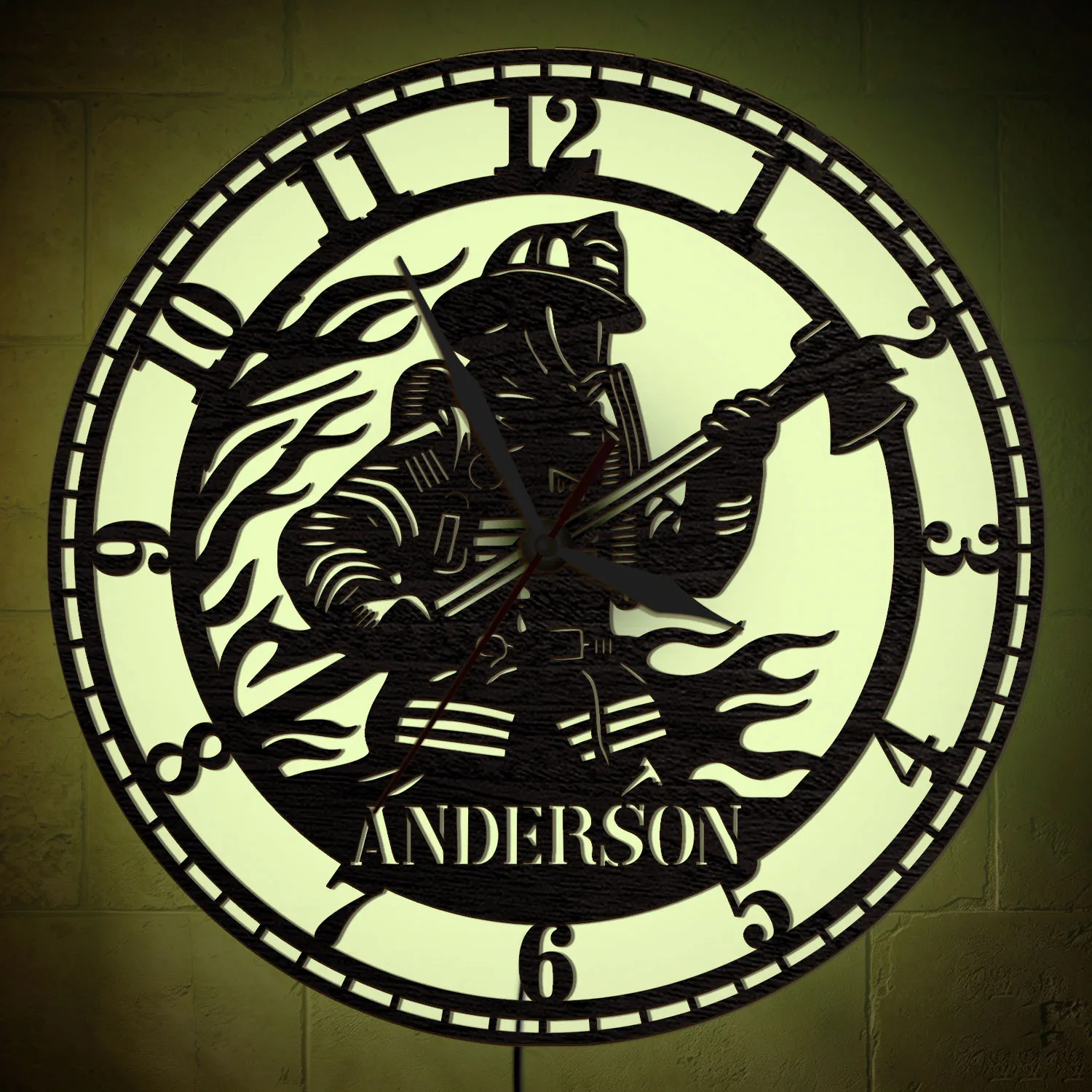 Firefighter Custom Name LED Color Change Light Up Wall Clock For Fire Department Personalized Fireman Wooden Backlit Wall Clock