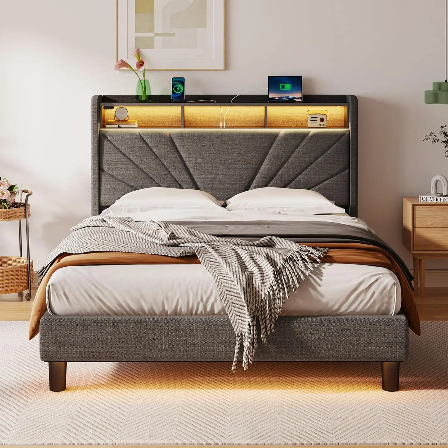 Double bed frame, storage headboard with charging station and LED lights, noise free, easy to assemble, dark gray