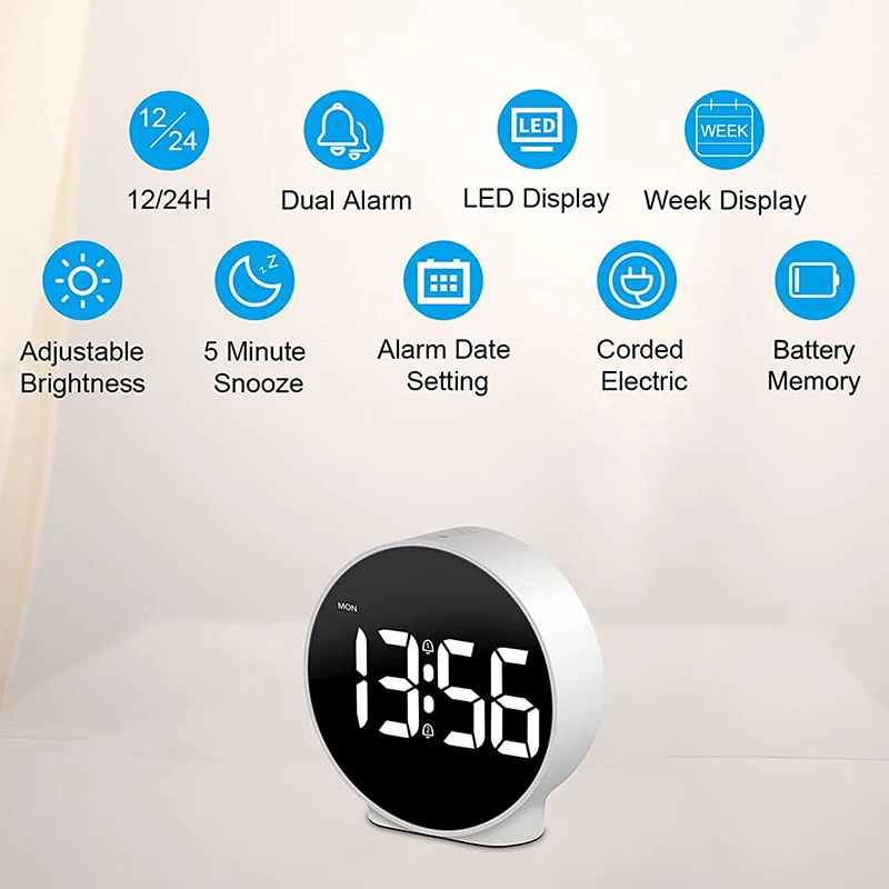 Digital Alarm Clock LED Desk Travel Electronic Clock Dual Alarm 12/24H Snooze  Week Display Bedside Clock Table Clock