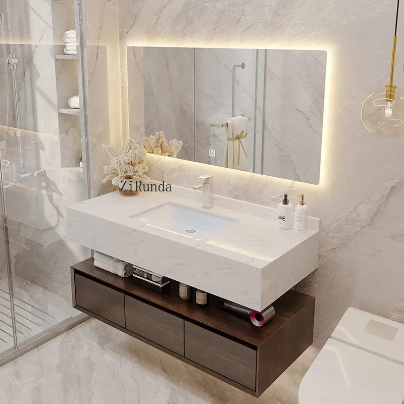 Marble countertop bathroom cabinet with large storage and durable mirror view 6