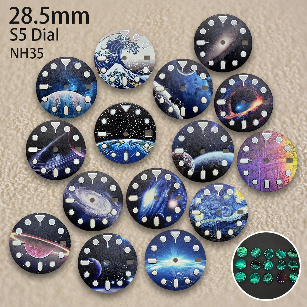 

28.5mm S5 Logo SKX007 Starlit Sky Dial Fit NH35/NH36 Movement C3 Strong Green Luminous High-Quality Watch Modified Accessories