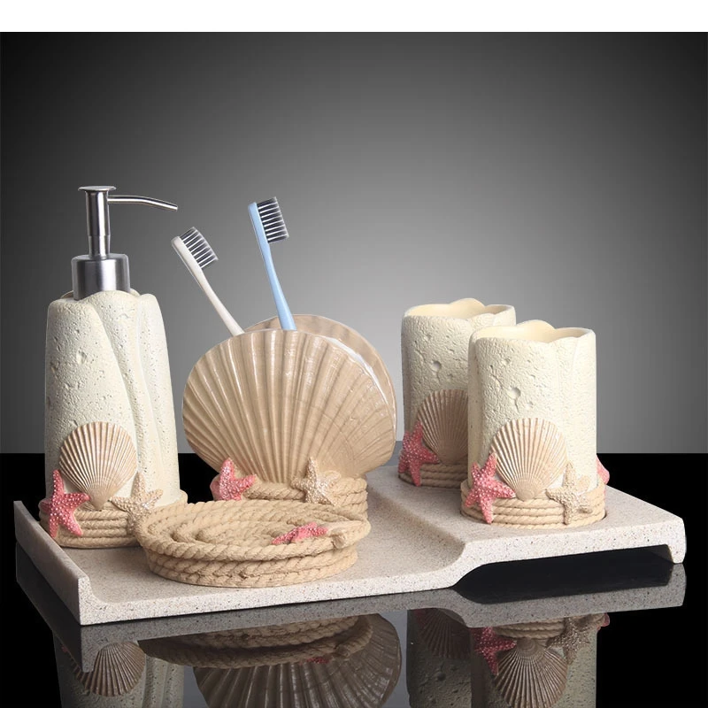 

Summer Style Resin Bathroom Accessories 5 Pcs/set Portable Soap Dispenser Beach Shells Lotion Bottle Toothbrush Holder Dish