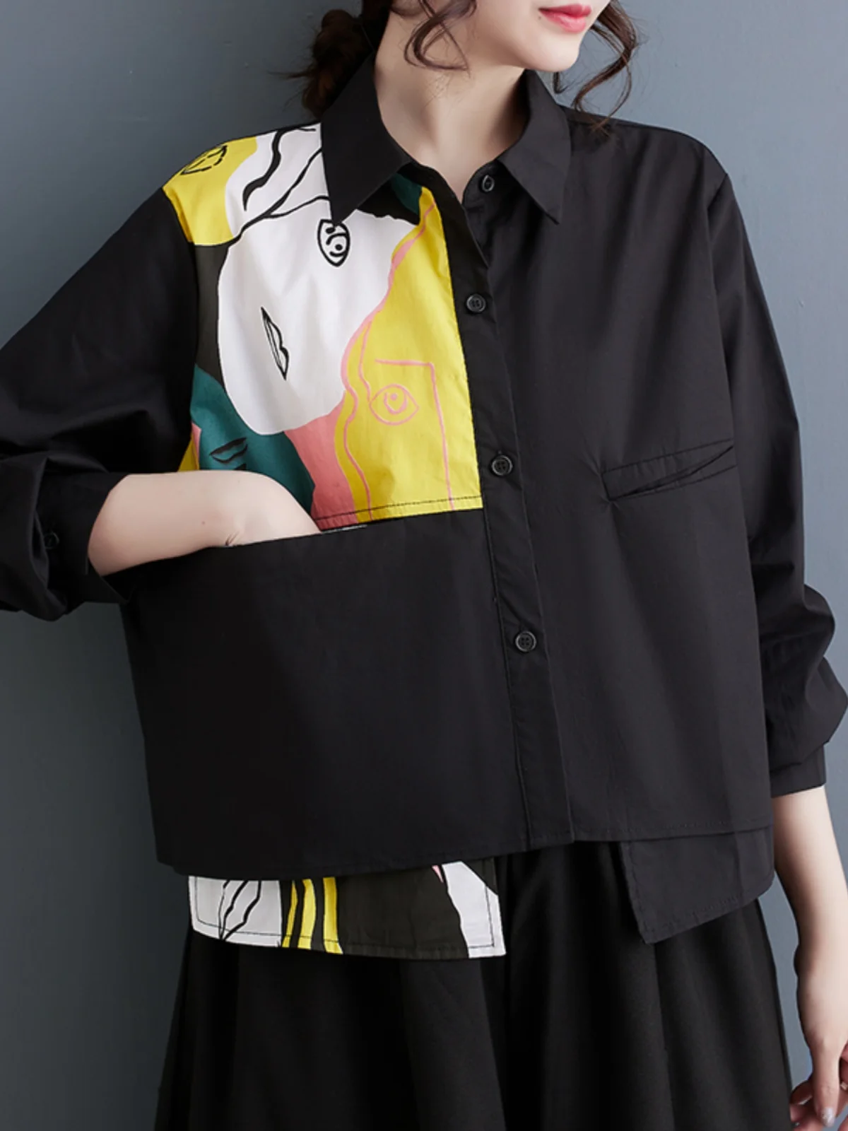 Primavera 2025 Donna Casual Stampa Patchwork Allentato Dimagrante Asimmetrico irt Street Sle Lungo Colletto Sve Stand Le...