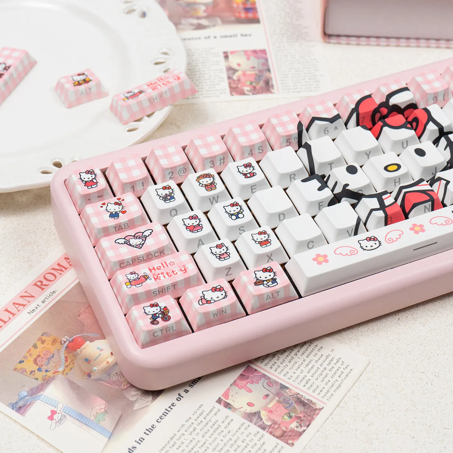 Klawisze PBT z motywem kreskówkowym, anime, uroczej Hello Kitty i wiśni, profil Cherry, do przełączników Cherry MX, do mechanicznych klawiatur gamingowych 61/68/87/104/108 — zdjęcie produktu 2