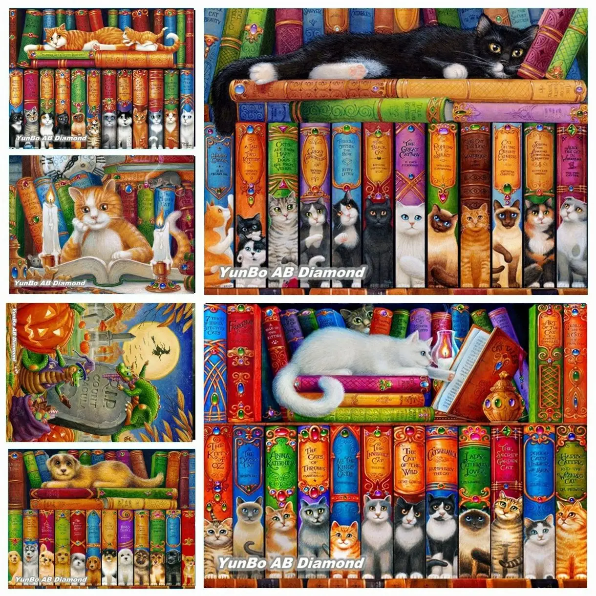 

Big Cat Dog Library by Randal Spangler DIY AB Diamond Painting Reading Cute Animal Rhinestone Embroidery Cross Stitch Home Decor