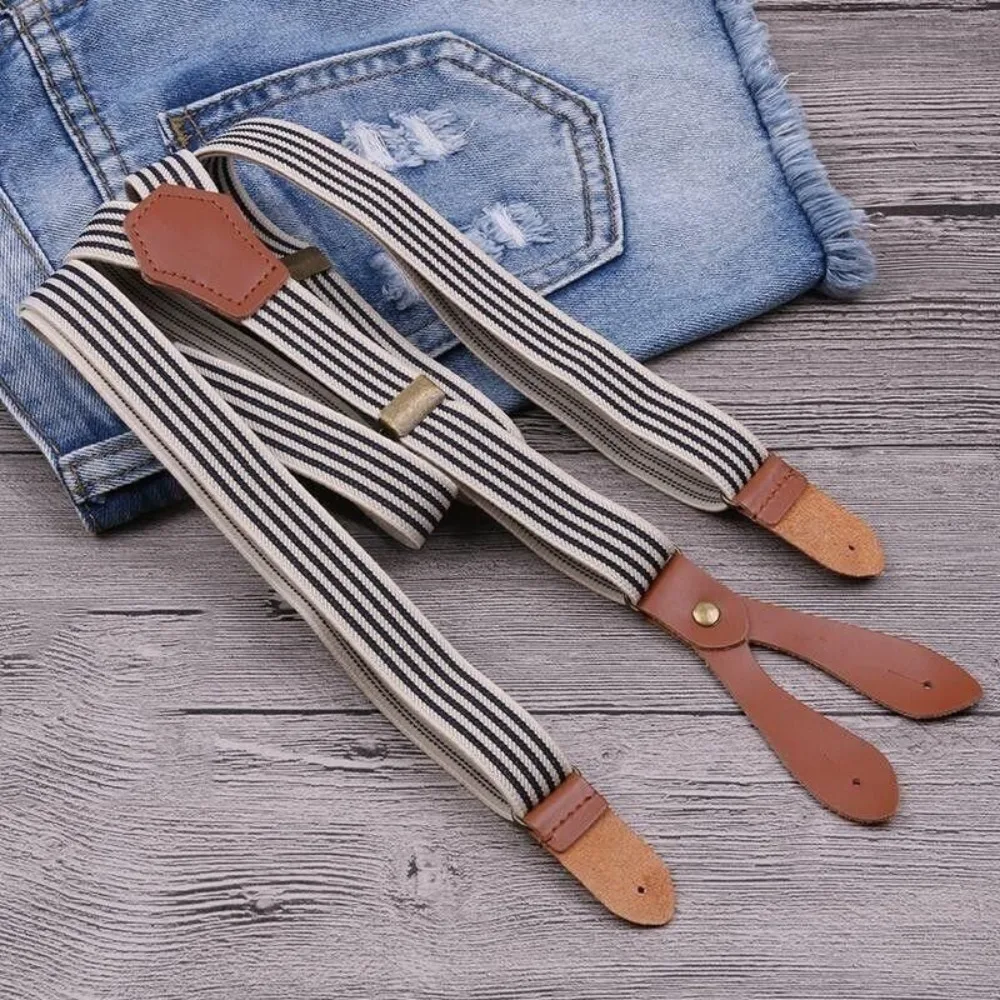 Y-Shaped Button Shoulder Straps Leather Adjustable Elastic Drawstring Elasticity Stripe Pattern Suspender Pans Strap
